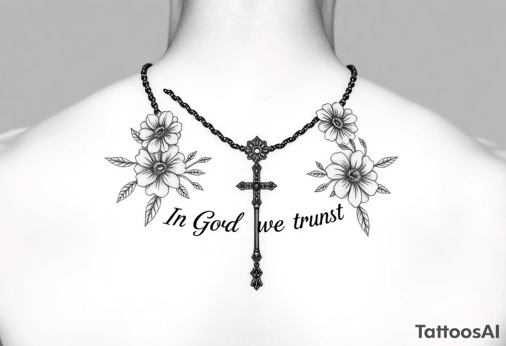 Necklace Rosary with flowers around the words of "In God We Trust " tattoo idea