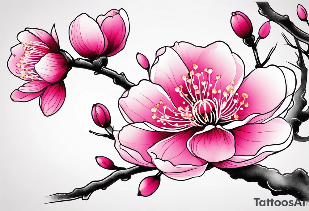 Vibrant, pink plum blossom flowers tattoo idea