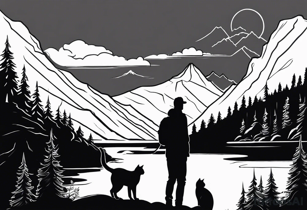 Man waking up trail with cat on side of him, Black Forest and mountains behind with lake tattoo idea