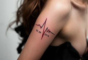 A heartbeat line ending in a red spike with your wedding date (05.08.2016) in cursive on both forearm. tattoo idea