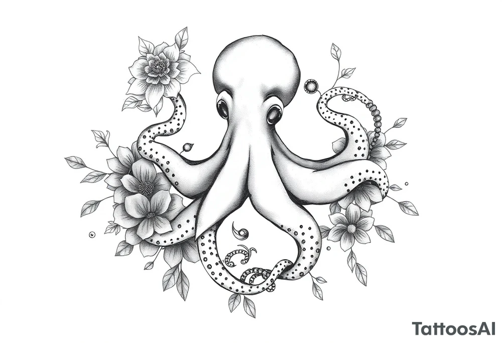 realistic octopus, detailed linework, intricate, black-and-grey shading, surrounded by floral ornaments, intertwining and merging with flowers, thin black swirling lines, semi-transparent brown leaves, dotwork, ornamental flourishes, radiating design, fine-line style, minimalistic, organic flow, feminine, artistic, slightly surreal, seamless composition, marine botanical fusion, lifelike texture, graceful rhythm, smooth shading, soft leaves wrapping, blooming shoulder flower, outward radiating pattern, vine tentacle flow, integrated sea creature, botanical octopus curved body placement, natural organic movement tattoo idea