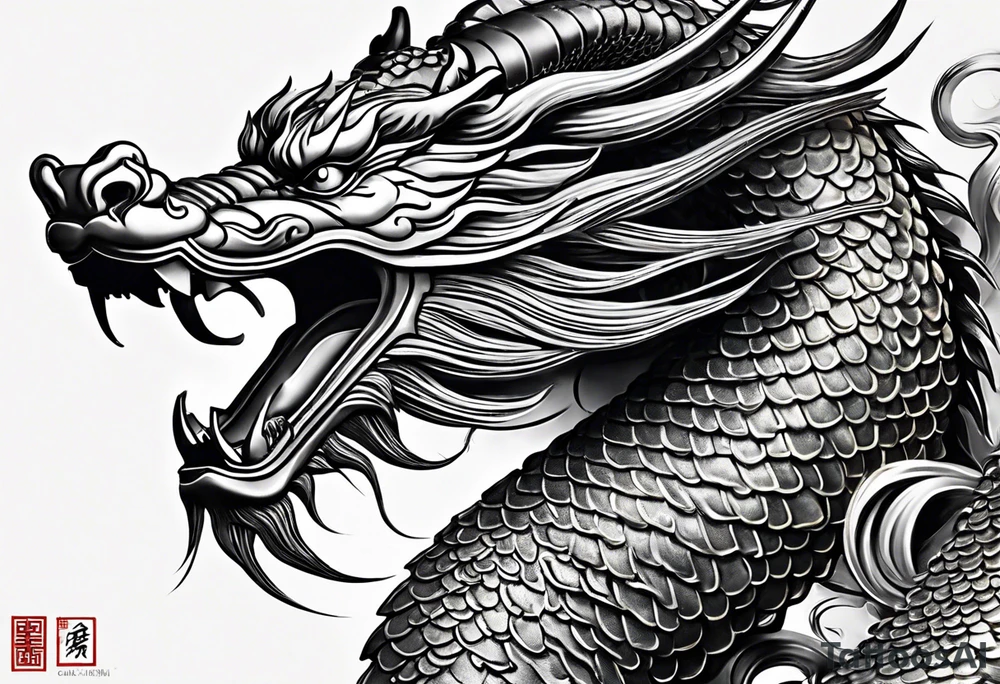 Create a detailed sketch of a Chinese dragon tattoo. The dragon should be depicted in a dynamic, serpentine pose, with its body coiled and flowing gracefully. Emphasize its ornate features: long, sinuous body covered in intricate scales, powerful claws, and a fierce, expressive face with prominent whiskers and a beard. Include traditional Chinese elements like clouds or waves to enhance the composition. Use clean lines and bold shading to ensure the design is suitable for a tattoo, with a focus on capturing the dragon's majestic and mythical qualities tattoo idea