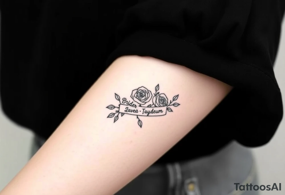 Roses and ribbon with 5 names in it Oliver Braiden Ava Zaleea Taydum tattoo idea