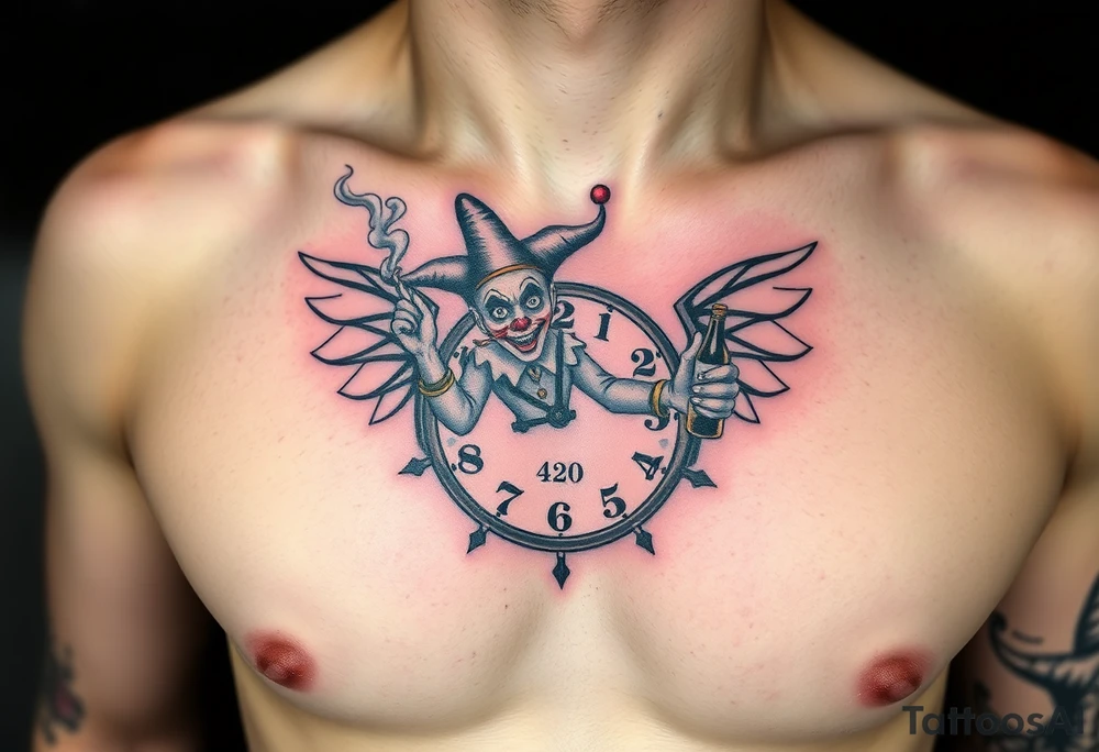 a jester clown floating in smoke with a  clock, the time says 420,  with two open wings besides the clock, smoke as the spring rising from the clock, a jester clown coming out the smoke, smoking in one hand with a liquor bottle on the other hand tattoo idea