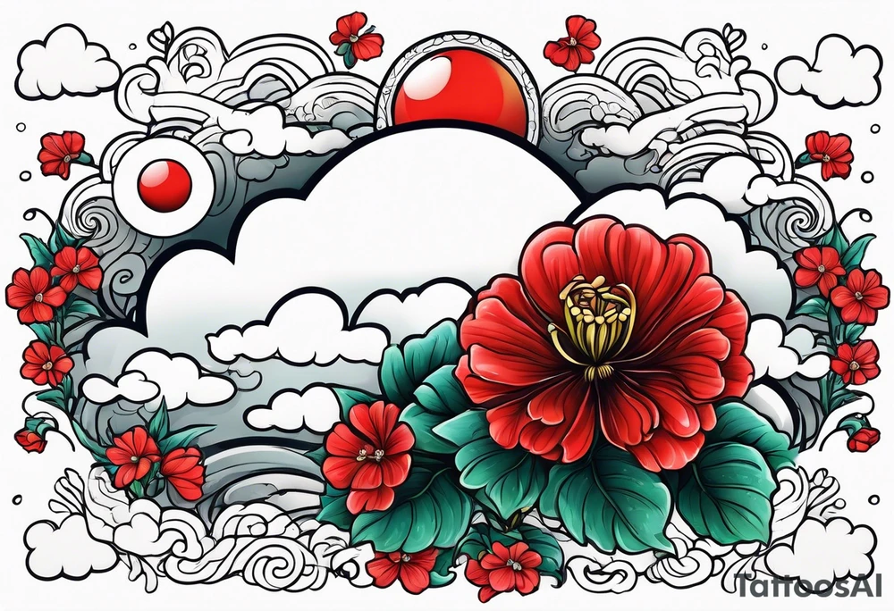 Raining cloud and moon with red geraniums tattoo idea