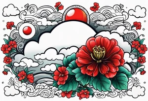Raining cloud and moon with red geraniums tattoo idea