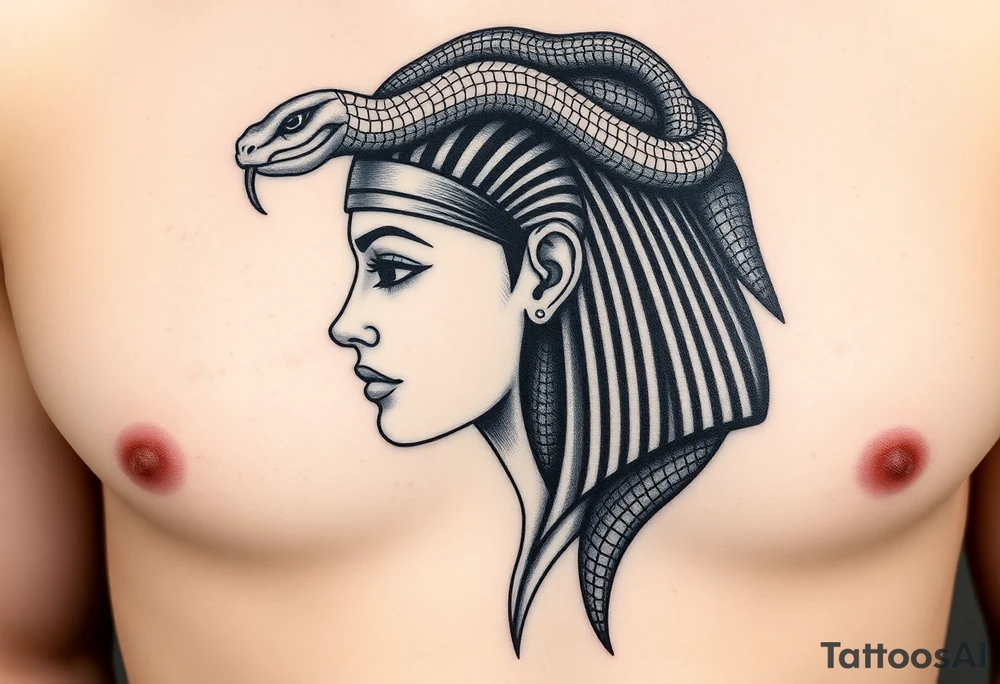 Una reinterpretación del diseño anterior pero al estilo egipcio:

Rostro femenino inspirado en el arte del antiguo Egipto (perfil fino, ojos delineados).

Cabello hecho de cobras negras (como Uadyets, las serpientes sagradas).

Parte del rostro convertido en piedra arenosa, como una estatua rota del desierto. tattoo idea