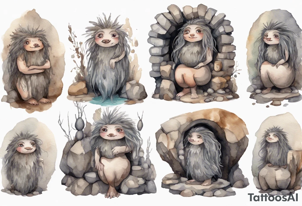 a plump mole woman with large round eyes, covered in grey fur with messy brown dreadlocks sitting in stone throne in a cave tattoo idea
