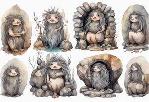 a plump mole woman with large round eyes, covered in grey fur with messy brown dreadlocks sitting in stone throne in a cave tattoo idea