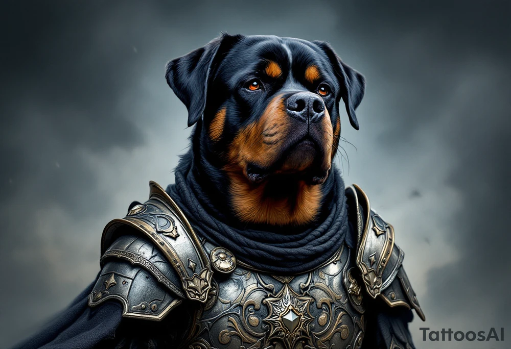 Warrior Rottweiler with Armor – A battle-ready Rottweiler wearing medieval-style armor with silver and bronze tones, set against a stormy background. tattoo idea