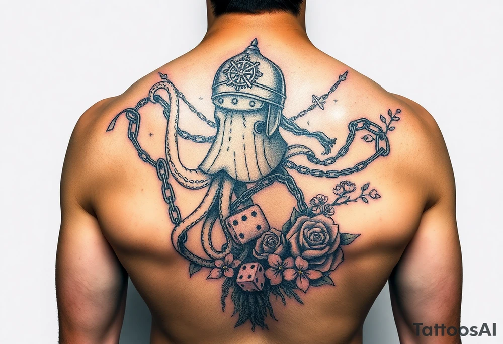 Squid and knight and sailor hat combined with chains, tree roots, cherry blossoms and roses rolling dice tattoo idea