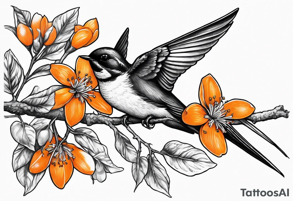 swallow flying off of branch with orange blossoms tattoo idea