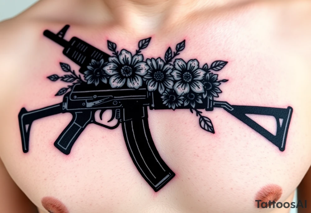 ak 47 black silhouette with floreal details tattoo idea