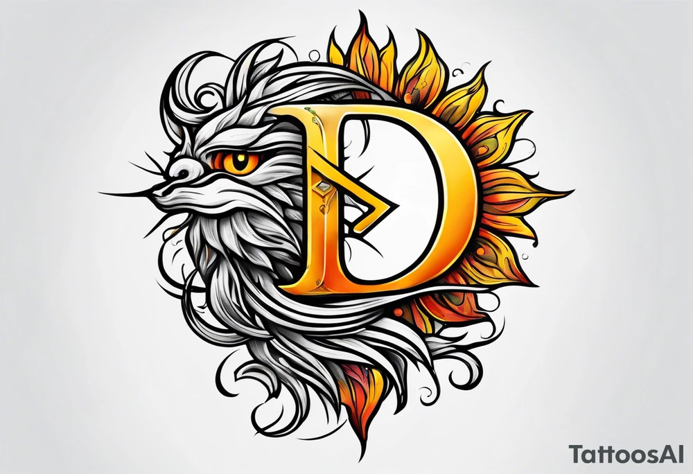 Letter D sun tattoo fine line tattoo idea
