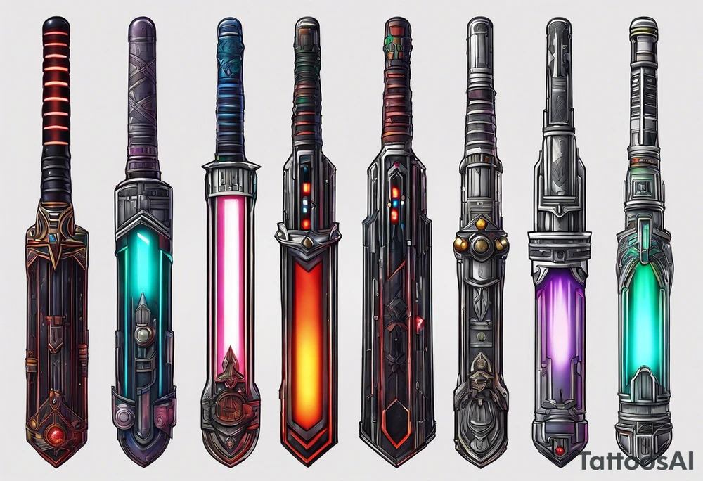 3 starwars lightsabers with each one being the birth month color for May, July, January tattoo idea