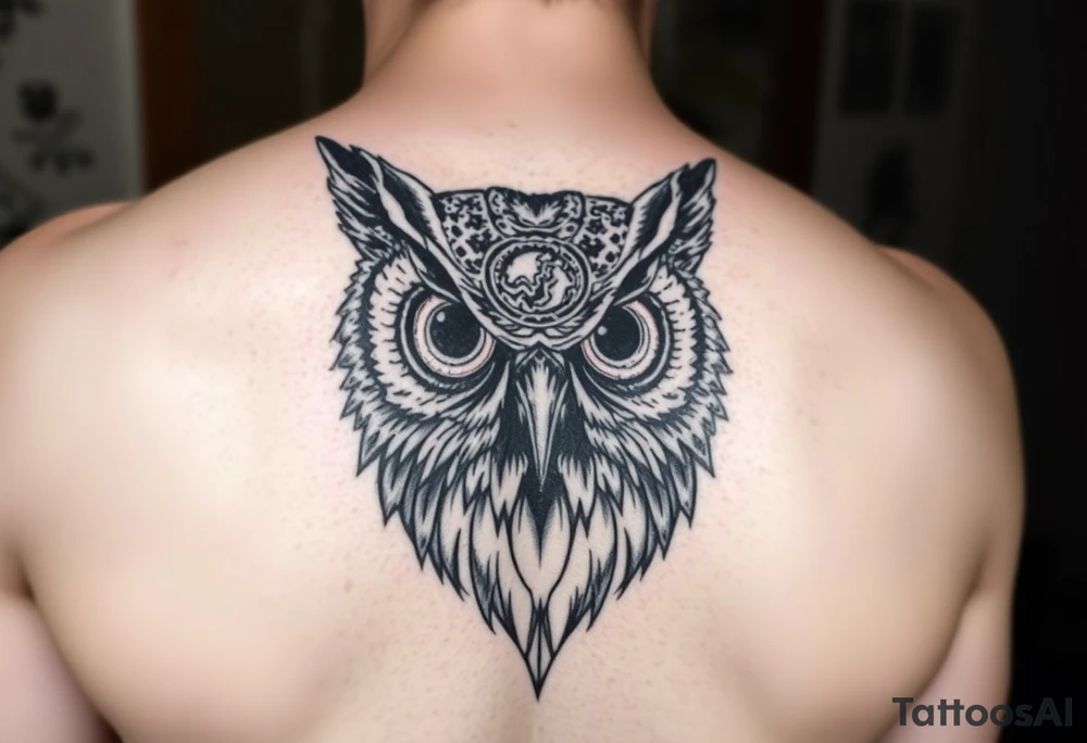 Owl head with large intense tripping on acid colored eyes without pupils, cyber style  and glowing circle on the forheadl tattoo idea