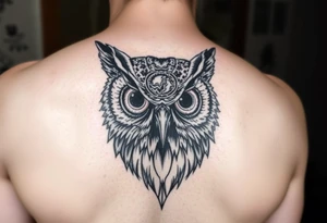 Owl head with large intense tripping on acid colored eyes without pupils, cyber style  and glowing circle on the forheadl tattoo idea