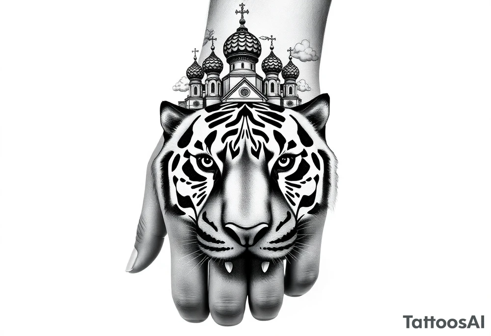 Realistic tiger face on the back of the hand with strong contrast and fine detail with all black eyes. then a highly detailed Russian Orthodox cathedral sitting above on the top fore arm with onion domes and orthodox crosses, done in fine line, engraving-like style. Cohesive composition, black ink only, no color, high contrast, slightly aged, documentary-style, plain light background. with clouds above and a virgin mary tattoo idea