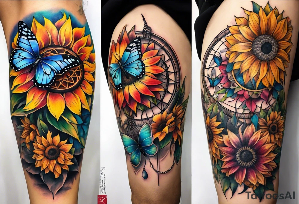 Quarter Leg sleeve with dreamcatcher, rainbow sunflowers and one butterfly tattoo idea