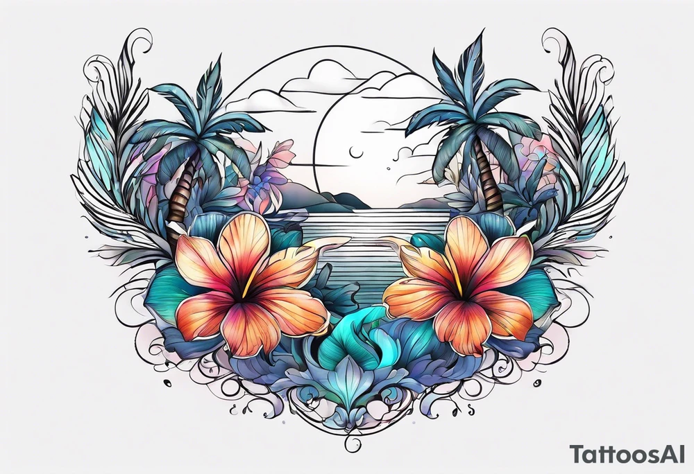 sea,, night, flower, palm, tattoo idea