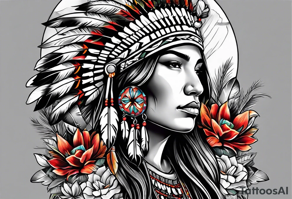 Native American with flowers tattoo idea