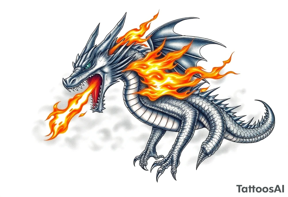 fierce dragon breathing iridescent fire against stormy skies tattoo idea