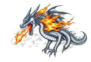 fierce dragon breathing iridescent fire against stormy skies tattoo idea