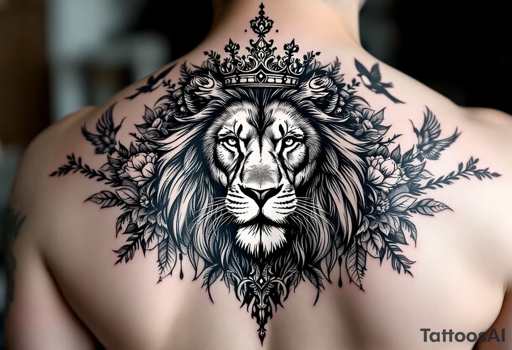 powerful majestic lion with a crown, surrounded by floral ornaments and birds tattoo idea