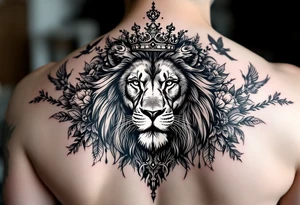 powerful majestic lion with a crown, surrounded by floral ornaments and birds tattoo idea