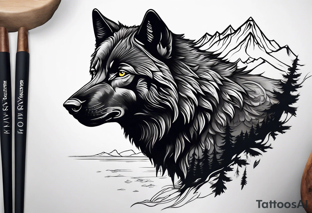 Create a tattoo of a black wolf with mountain/lake but different tattoo idea