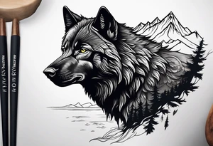 Create a tattoo of a black wolf with mountain/lake but different tattoo idea