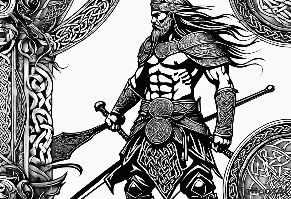 Side profile full body of a celtic warrior with weapons tattoo idea