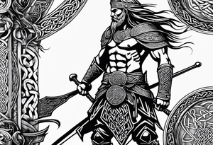 Side profile full body of a celtic warrior with weapons tattoo idea