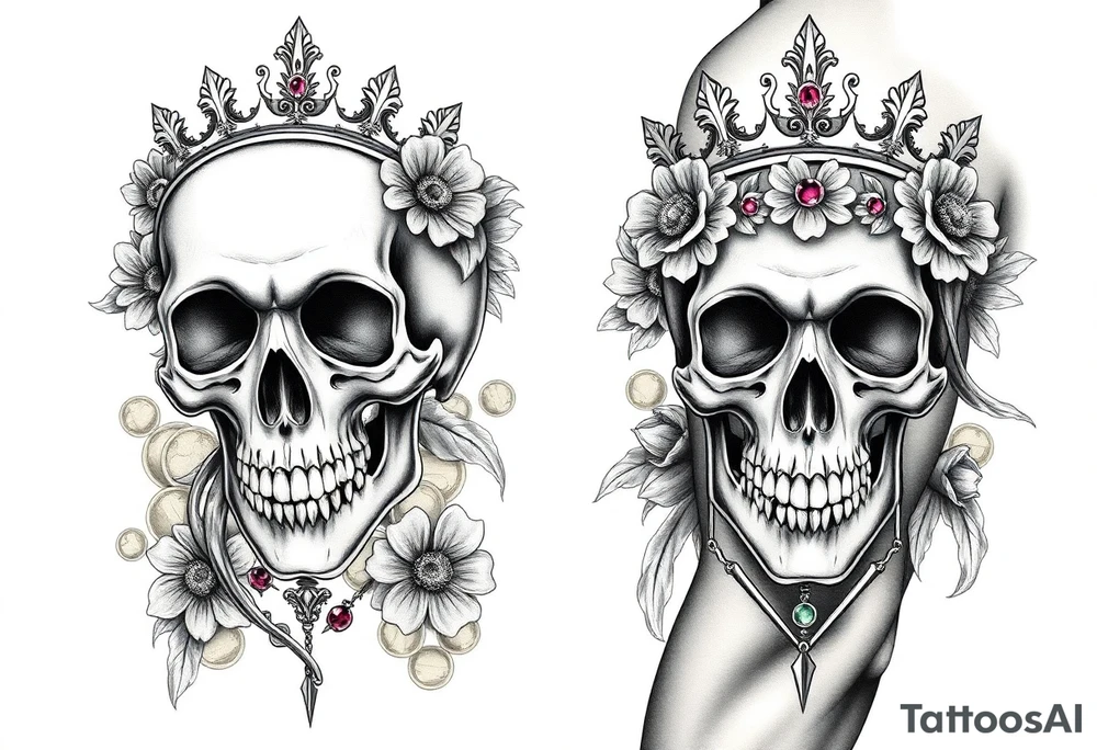 ornate man and woman’s skulls both adorned with a crown and the woman’s skull should have a crown of wild daisies roses with Thornes. The mans should have emeralds. With a background of gold coins and rubys treasure tattoo idea