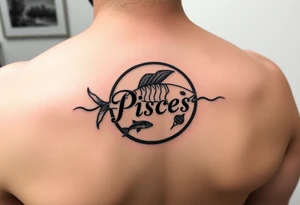 unique zodiac sign around the word “Pisces” tattoo idea