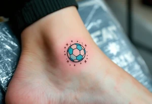 A small ankle tattoo of a pastel blue soccer ball with sparkles around it for a playful look. tattoo idea