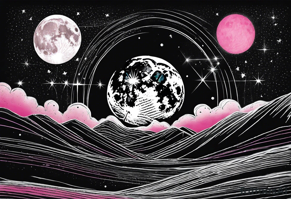 Full moon in black and white, 3 shooting stars going through moon. Two with blue lines in side the star and 1 with pink tattoo idea