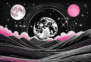 Full moon in black and white, 3 shooting stars going through moon. Two with blue lines in side the star and 1 with pink tattoo idea