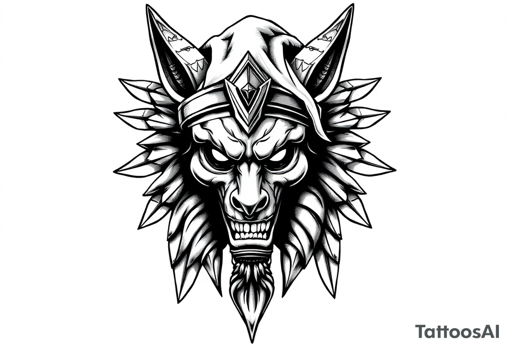 powerful majestic muscle anubis Egyptian god face mix with joker
without eyes with mantle on head tattoo idea
