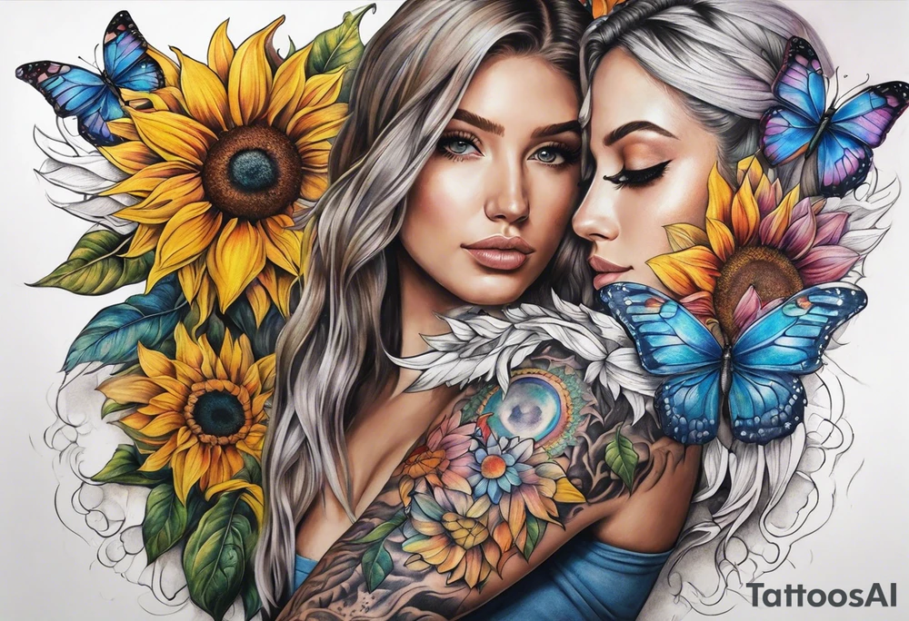 arm sleeve with angel wings and rainbow sunflowers and butterflies tattoo idea