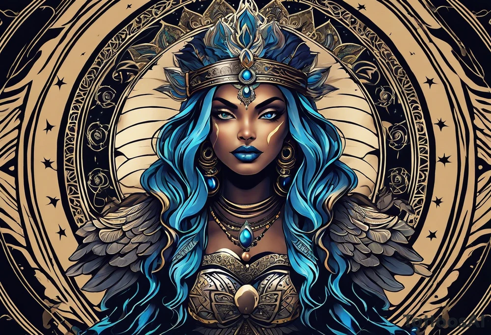 black kali, goddess pirate, alien, angel, pachamama, valkrye, warrior, flying, skull, lotus azul, wing, eagle, zenza resonance, stars, 5D, anahata chakra, death, durga, riding on a tiger, flying lady tattoo idea