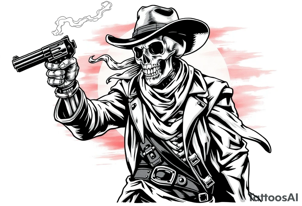 a skeletal gunslinger risen from legend. Sun-bleached bones glint beneath his tattered duster, and wind whips around him like whispers of forgotten duels. With one bony hand, he pulls down a worn bandana, revealing a grinning skull locked in a permanent, menacing sneer. In the other hand, he raises a heavy, timeworn revolver, smoke coiling from its barrel as if it remembers every soul it's sent to the underworld. Behind him, the desert sky burns with the fire of a setting sun, casting long shadows of death and justice. tattoo idea