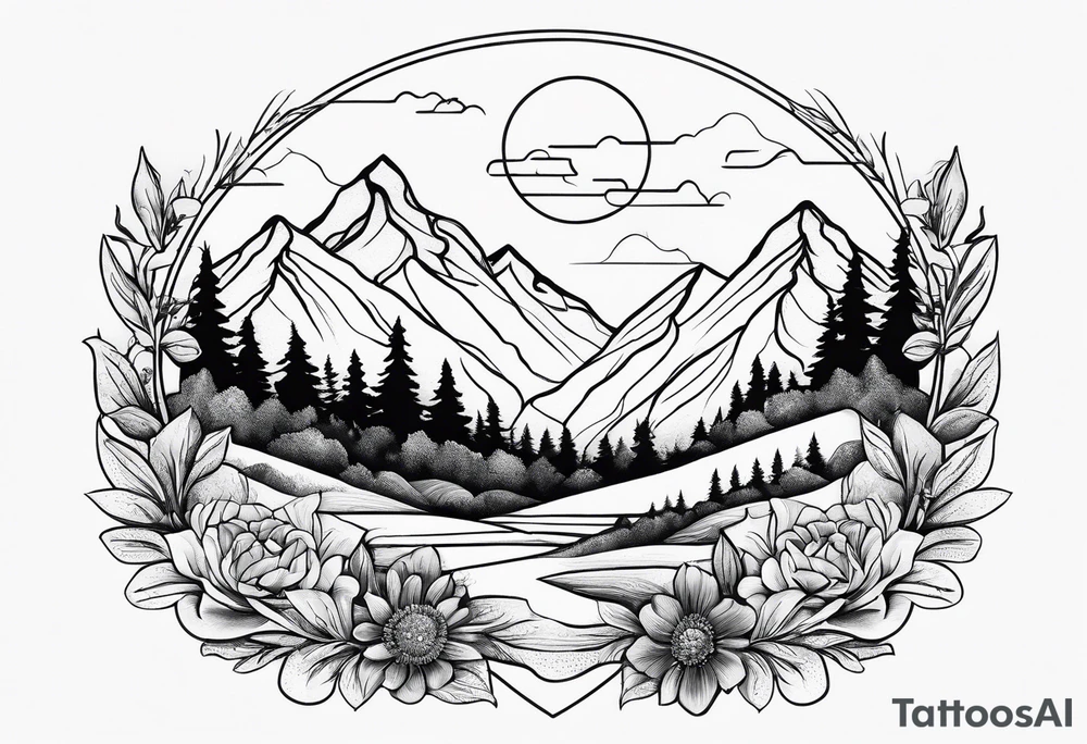 small, fine line, mountains, sun, wildflowers tattoo idea small, fine line, mountains, sun, wildflowers tattoo idea