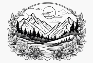 small, fine line,  mountains, sun, wildflowers tattoo idea