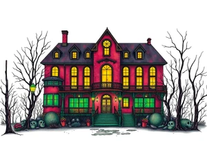 Tim Burton’s hotel from outside viewis abandoned and dripping with muted reds, dusty pinks, and eerie green glow. tattoo idea tattoo idea