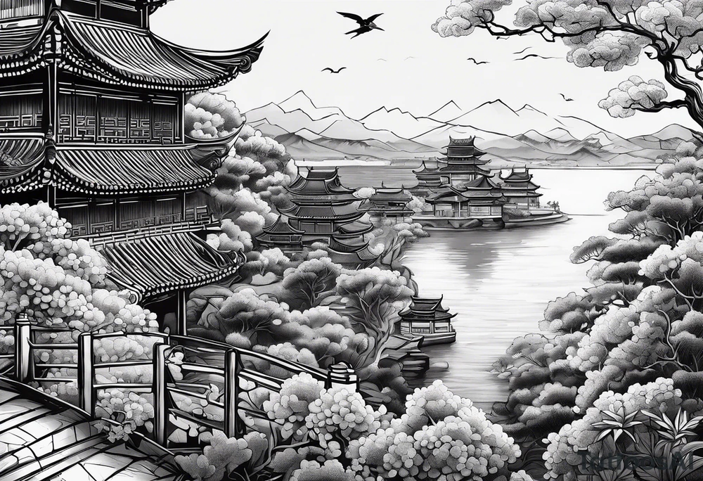 Chinesischer see mit der Mauer im hintergrund und verschiedenen Tieren tattoo idea