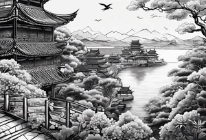 Chinesischer see mit der Mauer im hintergrund und verschiedenen Tieren tattoo idea