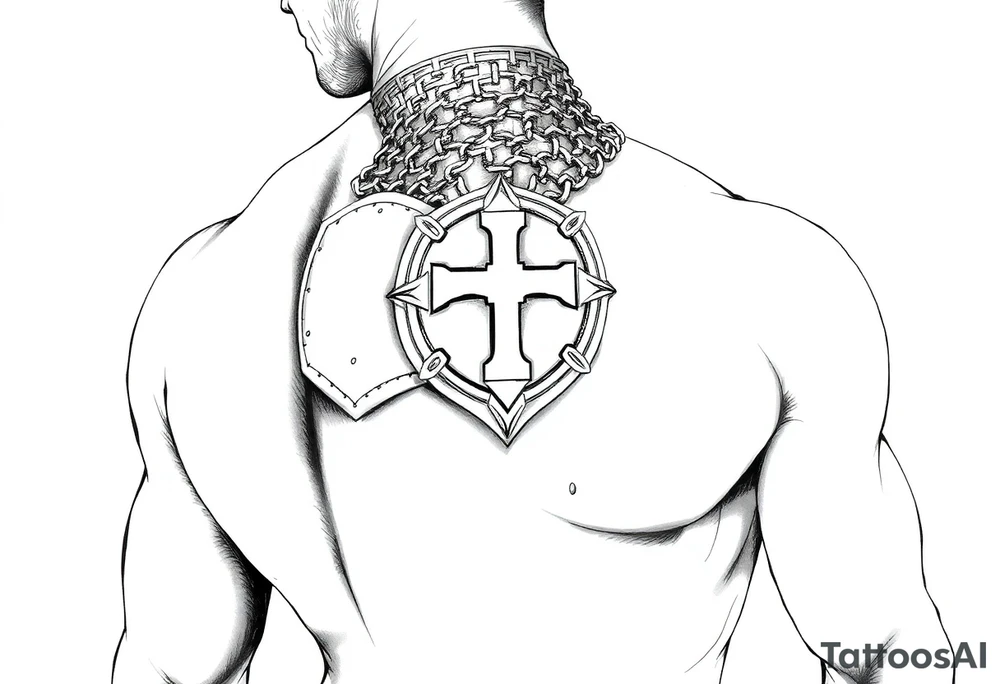 Chainmail armor from top of trapezius to below elbow with an intricate plate armor piece with a cross on shoulder tattoo idea