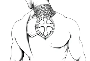 Chainmail armor from top of trapezius to below elbow with an intricate plate armor piece with a cross on shoulder tattoo idea