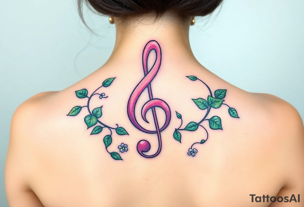 treble clef with vines growing around it, in shades of green, light pink, and soft purple tattoo idea